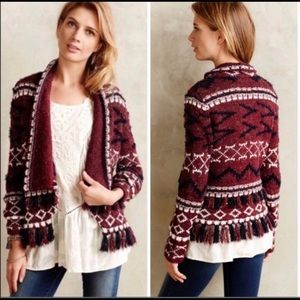 Anthropologie Moth Open Front Veras Fringe Sweater Sz M Burgundy Navy White